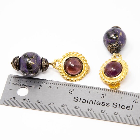 Leslie Block Vintage Clip-On Earrings – Gold & Purple Statement Dangle Signed - Picture 13 of 13